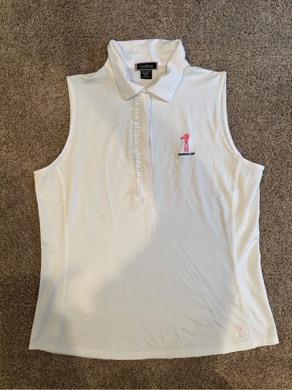 GOLFTINI Women’s White Sleeveless Polo Tank with Pink Logo - Picture 1 of 4